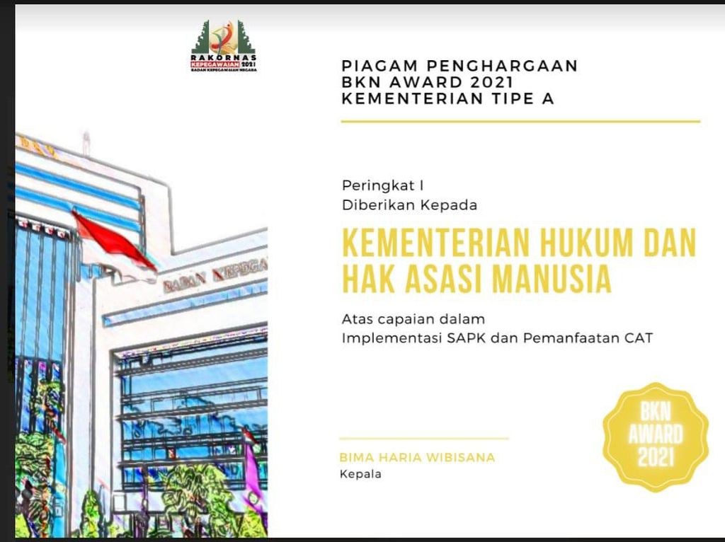 Kemenkum HAM Borong 2 BKN Award 2021 Manajemen Kepegawaian Kemenkum HAM Borong 2 BKN Award 2021 Manajemen Kepegawaian