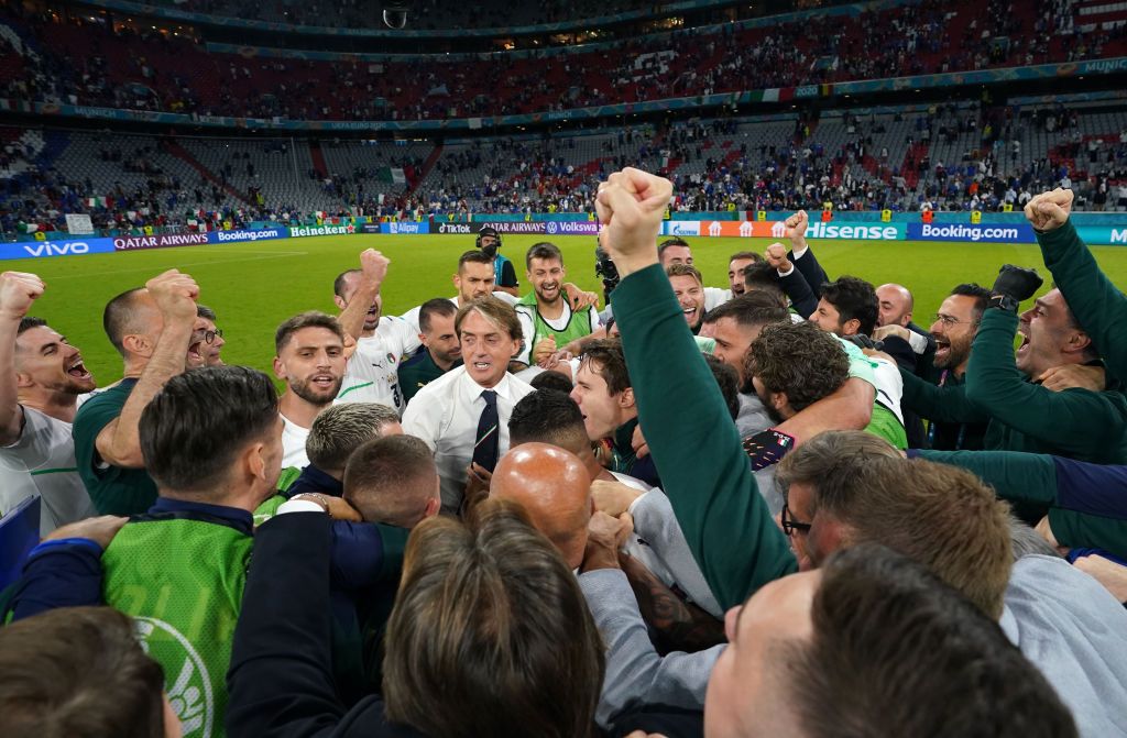 MUNICH, GERMANY - JULY 02: Roberto Mancini, Head Coach of Italy reacts following victory in the UEFA Euro 2020 Championship Quarter-final match between Belgium and Italy at Football Arena Munich on July 02, 2021 in Munich, Germany. (Photo by Andreas Geber - Pool/Getty Images)