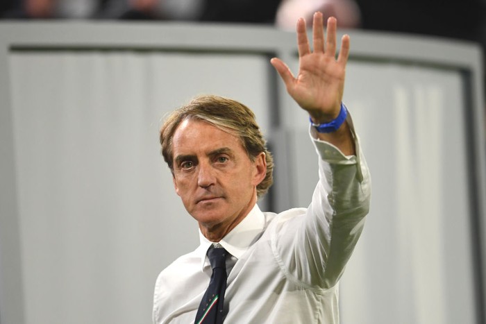 MUNICH, GERMANY - JULY 02: Roberto Mancini, Head Coach of Italy reacts following victory in the UEFA Euro 2020 Championship Quarter-final match between Belgium and Italy at Football Arena Munich on July 02, 2021 in Munich, Germany. (Photo by Andreas Geber - Pool/Getty Images)