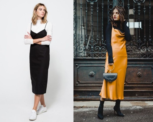 Layer di dalam dress dengan turtle neck atau kemeja.