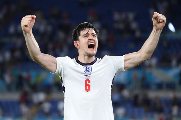 Harry Maguire ROME, ITALY - JULY 03: Harry Maguire of England celebrates after victory in the UEFA Euro 2020 Championship Quarter-final match between Ukraine and England at Olimpico Stadium on July 03, 2021 in Rome, Italy. (Photo by Ettore Ferrari - Pool/Getty Images)
