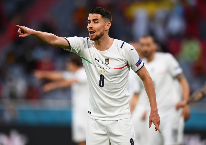 MUNICH, GERMANY - JULY 02: Jorginho of Italy gestures during the UEFA Euro 2020 Championship Quarter-final match between Belgium and Italy at Football Arena Munich on July 02, 2021 in Munich, Germany. (Photo by Claudio Villa/Getty Images)