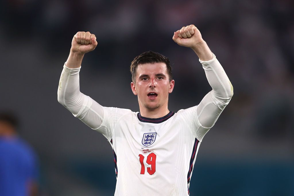 ROME, ITALY - JULY 03: Mason Mount of England celebrates after victory in the UEFA Euro 2020 Championship Quarter-final match between Ukraine and England at Olimpico Stadium on July 03, 2021 in Rome, Italy. (Photo by Lars Baron/Getty Images)