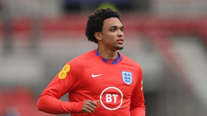 MIDDLESBROUGH, ENGLAND - JUNE 02: England player Trent Alexander-Arnold in action during the warm up before the international friendly match between England and Austria at Riverside Stadium on June 02, 2021 in Middlesbrough, England. (Photo by Stu Forster/Getty Images)