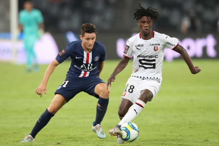 SHENZHEN, CHINA - AUGUST 03: Eduardo Camavinga of Stade Rennais FC in action during the 2019 Trophee des Champions between Paris saint-Germain and Stade Rennais FC at Shenzhen Uniersiade Sports Center on August 3, 2019 in Shenzhen, China. (Photo by Lintao Zhang/Getty Images)