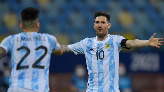 GOIANIA, BRAZIL - JULY 03: Lionel Messi of Argentina celebrates the second goal of his team scored by Lautaro Martinez during a quarter-final match of Copa America Brazil 2021 between Argentina and Ecuador at Estadio Olimpico on July 03, 2021 in Goiania, Brazil. (Photo by Pedro Vilela/Getty Images)