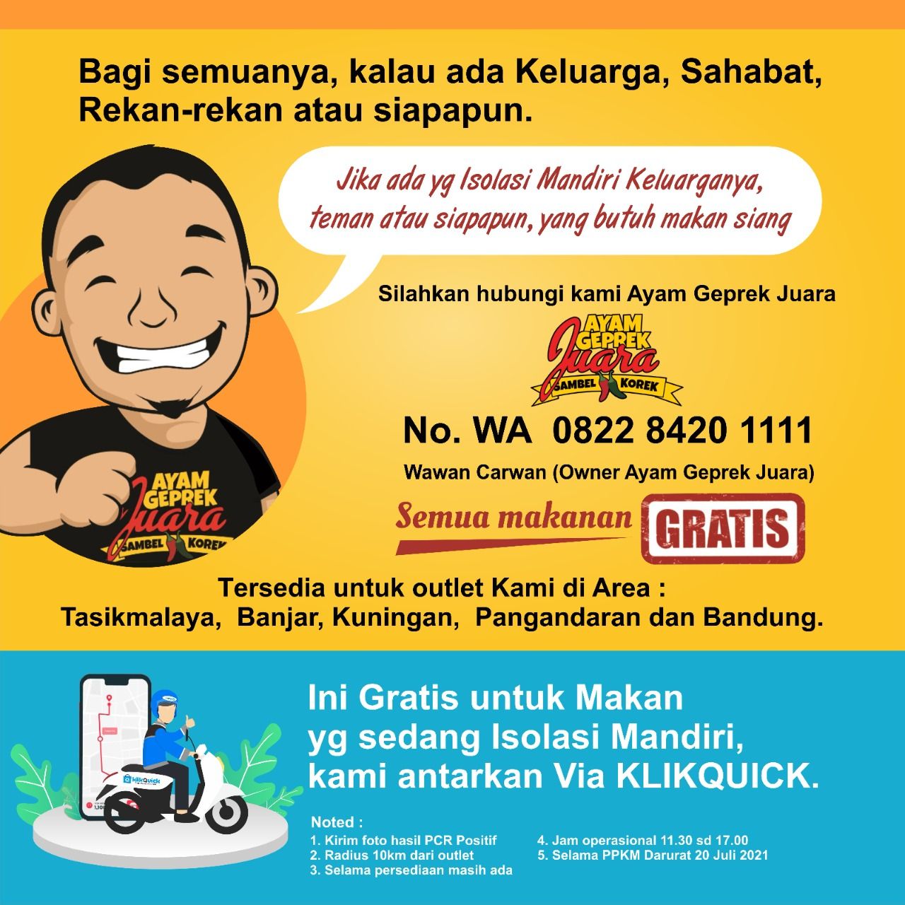 Gerai Ayam Geprek Juara Bagikan Makanan Gratis untuk Penderita Covid-19 yang Isolasi Mandiri