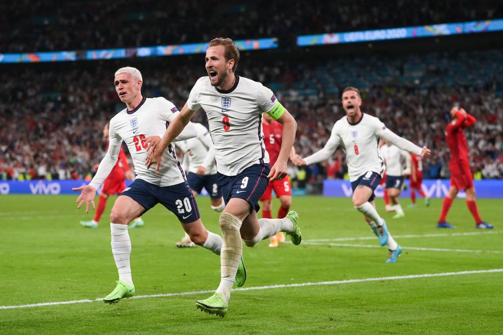 LONDON, ENGLAND - JULY 07: Harry Kane of England celebrates after scoring their side's second goal from the penaduring the UEFA Euro 2020 Championship Semi-final match between England and Denmark at Wembley Stadium on July 07, 2021 in London, England. (Photo by Laurence Griffiths/Getty Images)