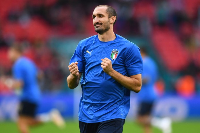 LONDON, ENGLAND - JULY 06: Giorgio Chiellini of Italy reacts as he warms up prior to the UEFA Euro 2020 Championship Semi-final match between Italy and Spain at Wembley Stadium on July 06, 2021 in London, England. (Photo by Claudio Villa/Getty Images)