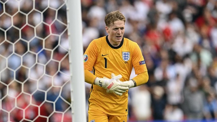 Englands goalkeeper Jordan Pickford looks on during the Euro 2020 soccer championship semifinal match between England and Denmark at Wembley stadium in London, Wednesday, July 7, 2021. (AP Photo/Paul Ellis, Pool)