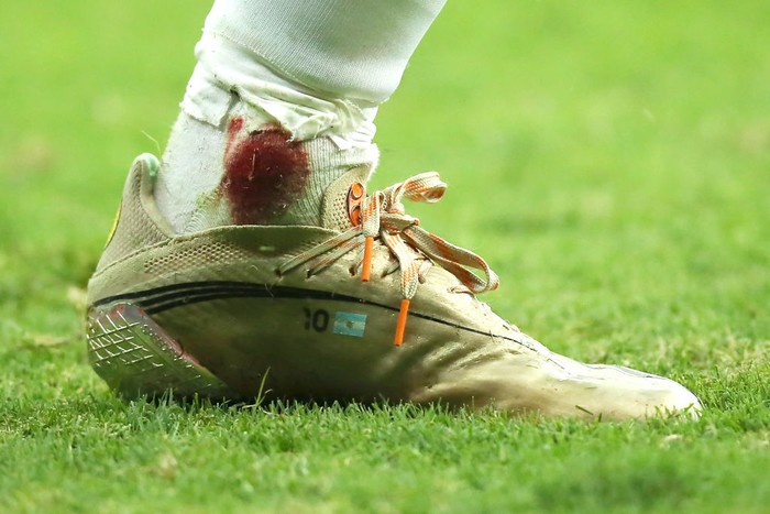 BRASILIA, BRAZIL - JULY 06: Detail of Lionel Messis boot during a semi-final match of Copa America Brazil 2021 between Argentina and Colombia at Mane Garrincha Stadium on July 06, 2021 in Brasilia, Brazil. (Photo by Alexandre Schneider/Getty Images)