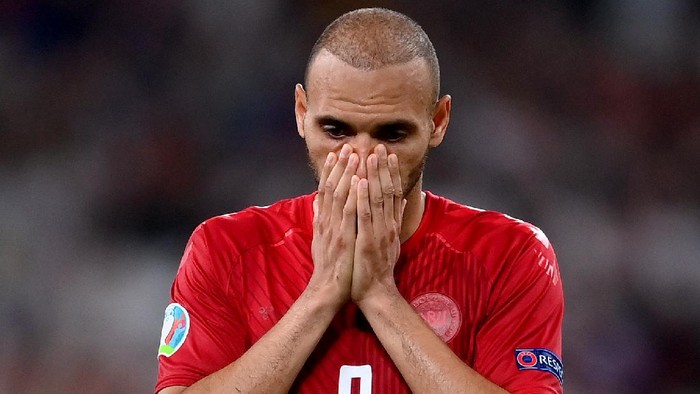 LONDON, ENGLAND - JULY 07: Martin Braithwaite of Denmark looks dejected following his teams defeat in the UEFA Euro 2020 Championship Semi-final match between England and Denmark at Wembley Stadium on July 07, 2021 in London, England. (Photo by Laurence Griffiths/Getty Images)