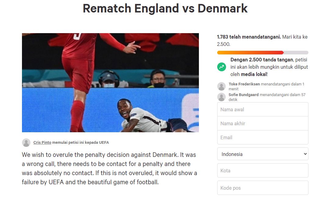 Petisi daring menuntut pertandingan Inggris vs Denmark pada semifinal Piala Eropa 2020 diulang, Kamis 8 Juli 2021.
