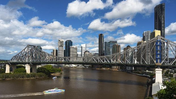 Jembatan Story di Brisbane, Australia Brisbane city skyline with Story bridge. Queensland. Australia.