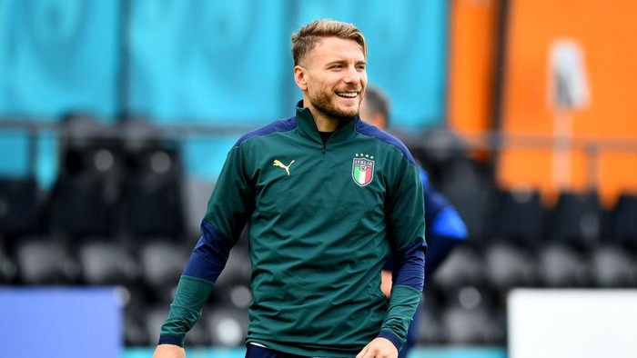 LONDON, ENGLAND - JULY 05: Ciro Immobile of Italy reacts during the Italy Training Session ahead of the Euro 2020 Semi-Final match between Italy and Spain at The Hive Transfer Training Centre on July 05, 2021 in London, England. (Photo by Claudio Villa/Getty Images)
