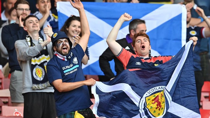 GLASGOW, SCOTLAND - JUNE 22: Scotland fans show their support prior to the UEFA Euro 2020 Championship Group D match between Croatia and Scotland at Hampden Park on June 22, 2021 in Glasgow, Scotland. (Photo by Paul Ellis - Pool/Getty Images)