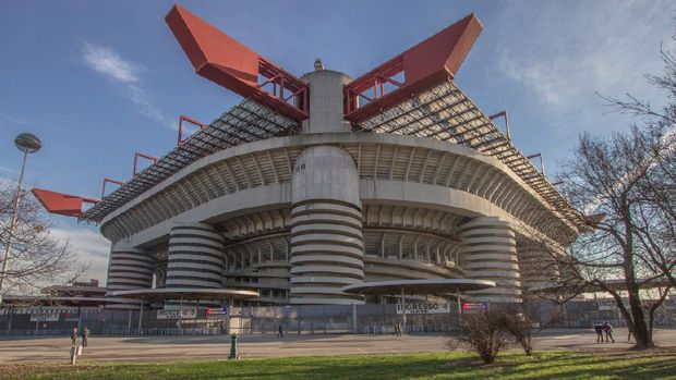 Milan, Italy - January 25, 2014 : The exterior of San Siro Stadium. It is the home stadium of both A.C. Milan and F.C. Internazionale Milano. This stadium has capacity of 81,277 seats.