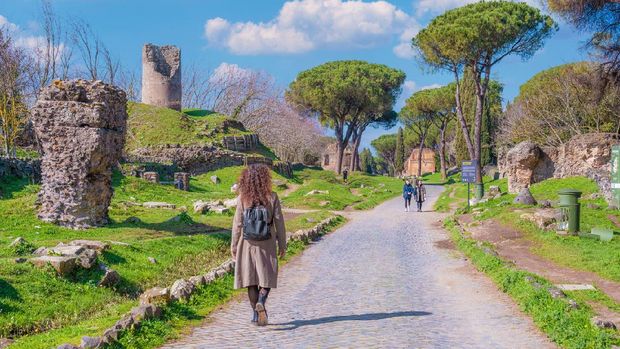 Via Appia, Italia Rome, Italy - 20 February 2021 - The archeological ruins in the Appian Way of Roma (in italian: