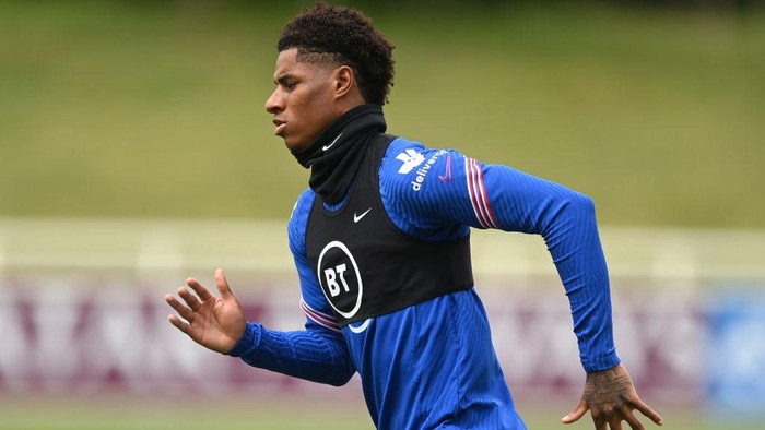 BURTON UPON TRENT, ENGLAND - JUNE 30: Marcus Rashford of England in action during an England training session at St Georges Park on June 30, 2021 in Burton upon Trent, England. (Photo by Michael Regan/Getty Images )