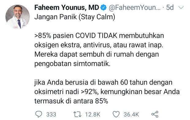 Dokter faheem younus menyarankan agar tak perlu panik