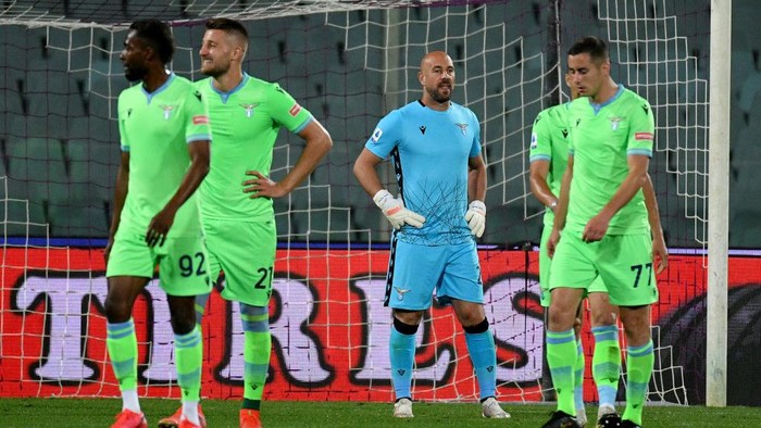 FLORENCE, ITALY - MAY 08: SS Lazio player react during the Serie A match between ACF Fiorentina  and SS Lazio at Stadio Artemio Franchi on May 08, 2021 in Florence, Italy. Sporting stadiums around Italy remain under strict restrictions due to the Coronavirus Pandemic as Government social distancing laws prohibit fans inside venues resulting in games being played behind closed doors. (Photo by Marco Rosi - SS Lazio/Getty Images)