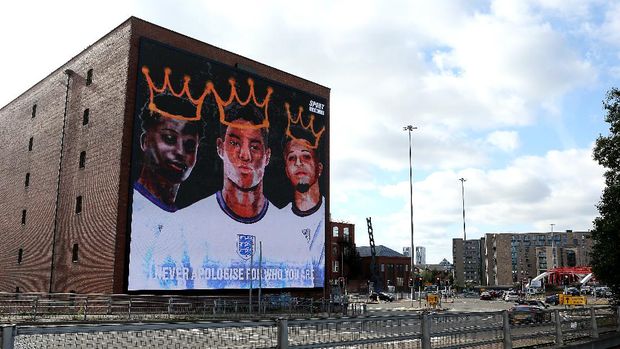 MANCHESTER, ENGLAND - JULY 14: A general view of the mural at Trafford Park is seen on July 14, 2021 in Manchester, England. A Giant mural in support of the three England footballers Marcus Rashford, Jadon Sancho and Bukayo Saka has been unveiled in Manchester. The England stars were targeted with racist abuse online after they missed penalties in the Euro 2020 final leading to defeat by Italy. (Photo by Charlotte Tattersall/Getty Images)