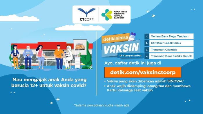 Vaksin CT Corp Vaksinasi COVID-19 CT Corp masih tersedia di sejumlah lokasi, tergolong untuk usia 12 tahun ke atas. Gratis dan tidak ada syarat domisili.