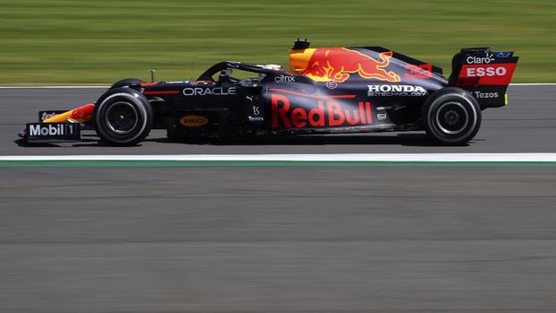 Red Bull driver Max Verstappen of the Netherlands steers his car during the practice session ahead of Sunday's British Formula One Grand Prix, at the Silverstone circuit, in Silverstone, England, Saturday, July 17, 2021. (AP Photo/Jon Super)