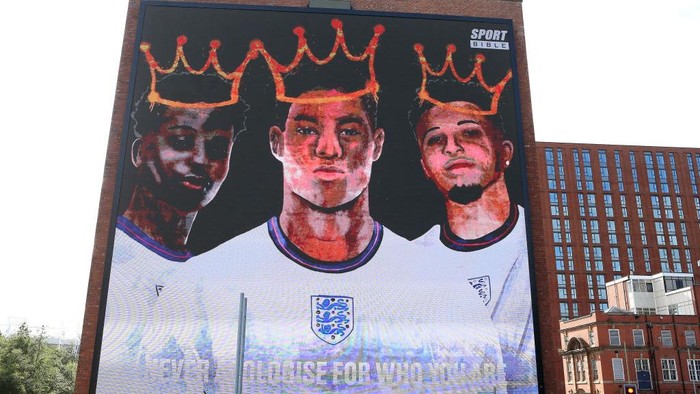 MANCHESTER, ENGLAND - JULY 14: A general view of the mural at Trafford Park is seen on July 14, 2021 in Manchester, England. A Giant mural in support of the three England footballers Marcus Rashford, Jadon Sancho and Bukayo Saka has been unveiled in Manchester. The England stars were targeted with racist abuse online after they missed penalties in the Euro 2020 final leading to defeat by Italy. (Photo by Charlotte Tattersall/Getty Images)
