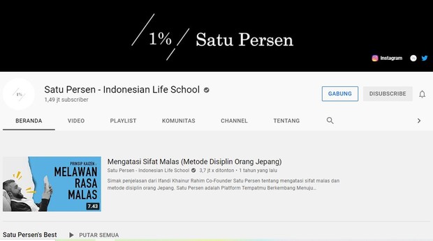 Beranda Channel Youtube Satu Persen