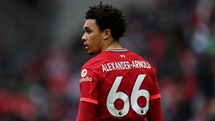 LIVERPOOL, ENGLAND - MAY 23: Trent Alexander-Arnold of Liverpool during the Premier League match between Liverpool and Crystal Palace at Anfield on May 23, 2021 in Liverpool, England. (Photo by Gareth Copley/Getty Images)