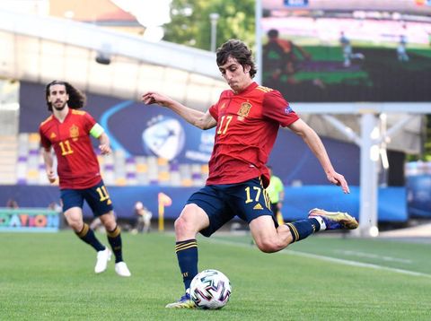 MARIBOR, SLOVENIA - JUNE 03: Bryan Gil of Spain strikes the ball during the 2021 UEFA European Under-21 Championship Semi-finals match between Spain and Portugal at Stadion Ljudski vrt on June 03, 2021 in Maribor, Slovenia. (Photo by Jurij Kodrun/Getty Images)