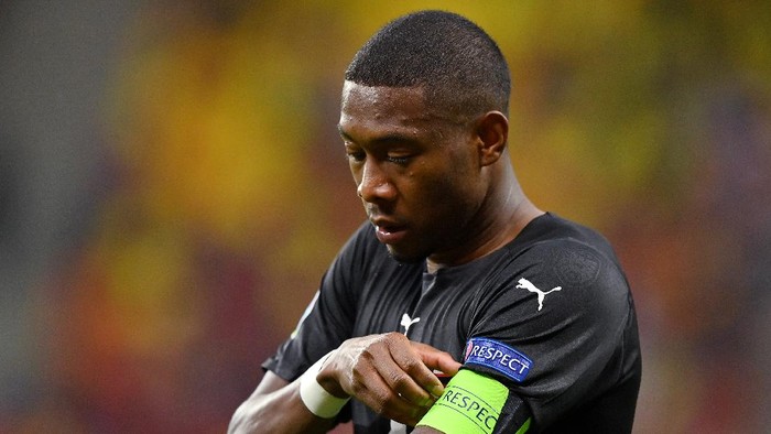 BUCHAREST, ROMANIA - JUNE 13: David Alaba of Austria adjusts his Respect captains armband during the UEFA Euro 2020 Championship Group C match between Austria and North Macedonia at National Arena Bucharest on June 13, 2021 in Bucharest, Romania. (Photo by Justin Setterfield/Getty Images)