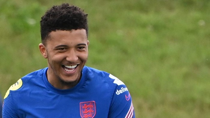 Englands forward Jadon Sancho attends an England training session at St Georges Park in Burton-on-Trent, central England, on July 5, 2021. - England take on Denmark at Wembley on July 7, 2021 in the semi-finals of the UEFA EURO 2020. (Photo by Paul ELLIS / AFP)