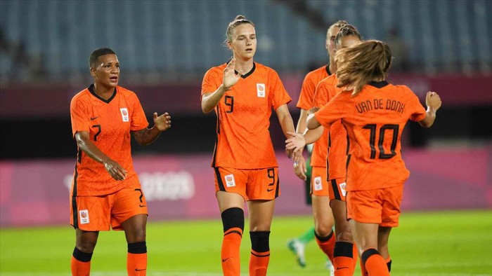 Tokyo Olympics Soccer Netherlands' Vivianne Miedema celebrates after scoring a goal against Zambia during a women's soccer match at the 2020 Summer Olympics, Wednesday, July 21, 2021, in Rifu, Japan. (AP Photo/Andre Penner)