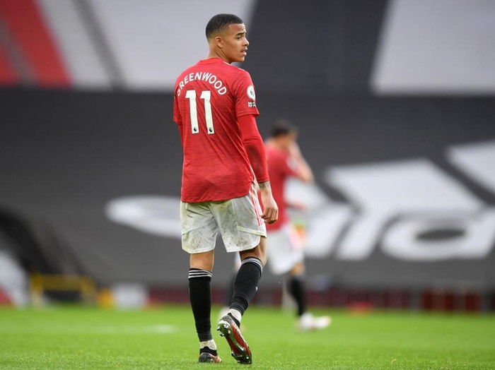 MANCHESTER, ENGLAND - MAY 11: Mason Greenwood of Manchester United looks on during the Premier League match between Manchester United and Leicester City at Old Trafford on May 11, 2021 in Manchester, England. Sporting stadiums around the UK remain under strict restrictions due to the Coronavirus Pandemic as Government social distancing laws prohibit fans inside venues resulting in games being played behind closed doors.  (Photo by Michael Regan/Getty Images)
