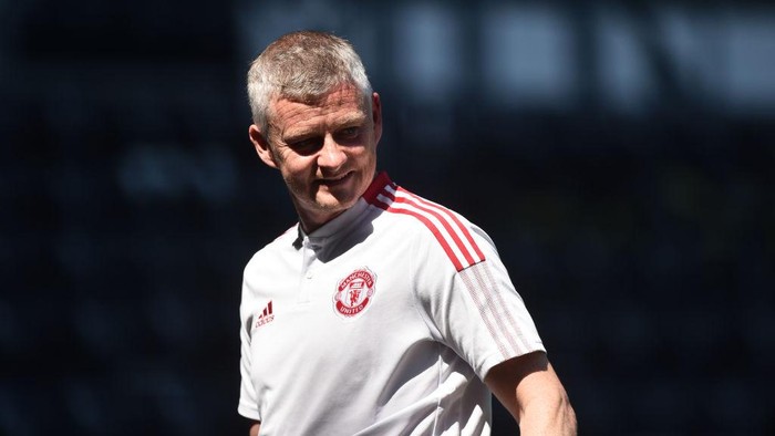 DERBY, ENGLAND - JULY 18: Ole Gunnar Solskjaer
manager of Manchester United looks during the pre-season friendly match between Derby County and Manchester United at Pride Park on July 18, 2021 in Derby, England. (Photo by Nathan Stirk/Getty Images)