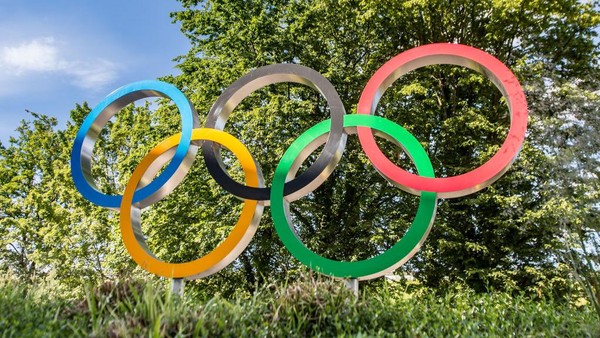 LAUSANNE, SWITZERLAND - JUNE 18: Olympic logo in front of the new Olympic House of International Olympic Committee on June 18, 2019 in Lausanne, Switzerland. (Photo by Robert Hradil/Getty Images)