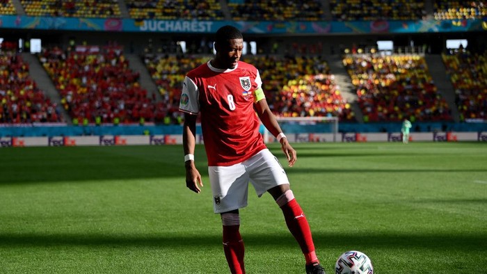 BUCHAREST, ROMANIA - JUNE 21: David Alaba of Austria during the UEFA Euro 2020 Championship Group C match between Ukraine and Austria at National Arena on June 21, 2021 in Bucharest, Romania. (Photo by Justin Setterfield/Getty Images)