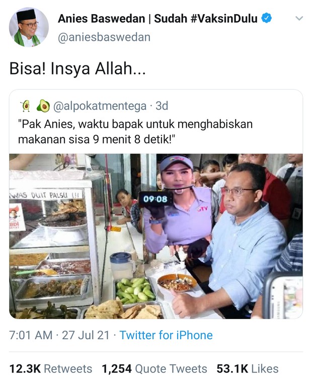 Meme makan 20 menit anies baswedan/Foto: Twitter/aniesbaswedan Meme makan 20 menit anies baswedan