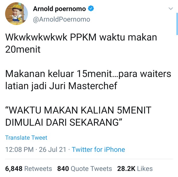 Meme makan 20 menit chef arnold/Foto: Twitter/ArnoldPoernomo Meme makan 20 menit chef arnold