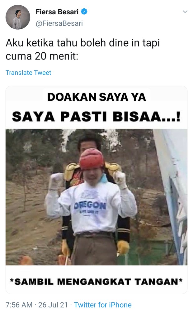 Meme makan 20 menit fiersa besari/Foto: Twitter/FiersaBesari Meme makan 20 menit fiersa besari