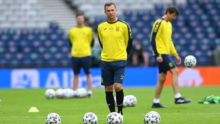 GLASGOW, SCOTLAND - JUNE 28: Andriy Shevchenko, Head Coach of Ukraine looks on during the Ukraine Training Session ahead of the UEFA Euro 2020 Round of 16 match between Sweden and Ukraine at Hampden Park on June 28, 2021 in Glasgow, Scotland. (Photo by Stu Forster/Getty Images)
