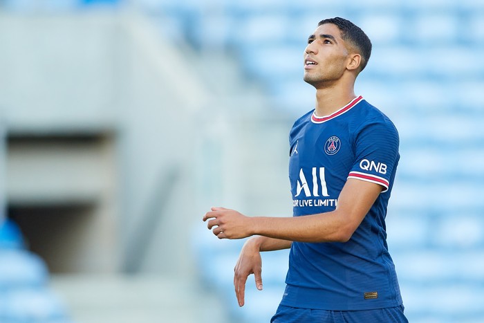 FARO, PORTUGAL - JULY 27: Achraf Hakimiof Paris Saint Germain looks on during a Pre Season Friendly Match between Sevilla FC and Paris Saint-Germain at Estadio Algarve on July 27, 2021 in Faro, Portugal. (Photo by Fran Santiago/Getty Images)