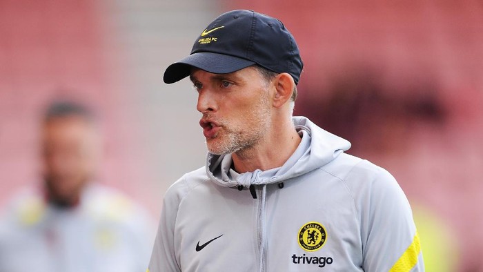 BOURNEMOUTH, ENGLAND - JULY 27: Thomas Tuchel, Manager of Chelsea talks as he is interviewed pitchside prior to the Pre-Season Friendly match between AFC Bournemouth and Chelsea at Vitality Stadium on July 27, 2021 in Bournemouth, England. (Photo by Alex Burstow/Getty Images)