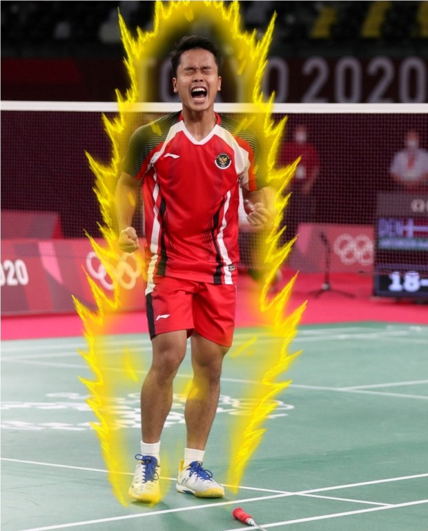 Meme ginting yang bertransformasi menjadi super saiyan/ Foto Twitter/ @bwfmedia Ginting dikelilingi seperti api yang berwarna kuning layaknya sedang mengeluarkan kekuatan