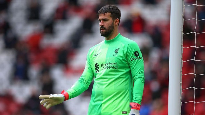 LIVERPOOL, ENGLAND - MAY 23:  Alisson Becker of Liverpool looks on during the Premier League match between Liverpool and Crystal Palace at Anfield on May 23, 2021 in Liverpool, England. (Photo by Alex Livesey/Getty Images)