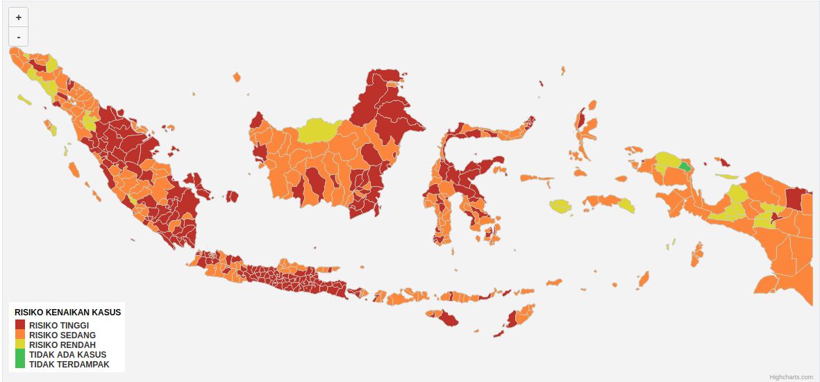 Peta sebaran zona Covid-19 di Indonesia.