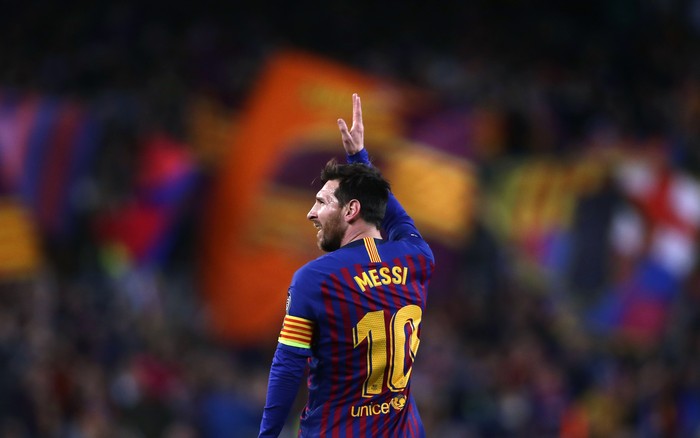 Messi FILE - In this April 16, 2019 file photo Barcelona forward Lionel Messi celebrates after scoring his side's second goal during the Champions League quarterfinal, second leg, soccer match between FC Barcelona and Manchester United at the Camp Nou stadium in Barcelona, Spain. (AP Photo/Manu Fernandez, File)