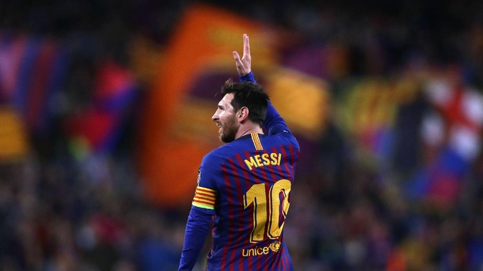 FILE - In this April 16, 2019 file photo Barcelona forward Lionel Messi celebrates after scoring his sides second goal during the Champions League quarterfinal, second leg, soccer match between FC Barcelona and Manchester United at the Camp Nou stadium in Barcelona, Spain. (AP Photo/Manu Fernandez, File)